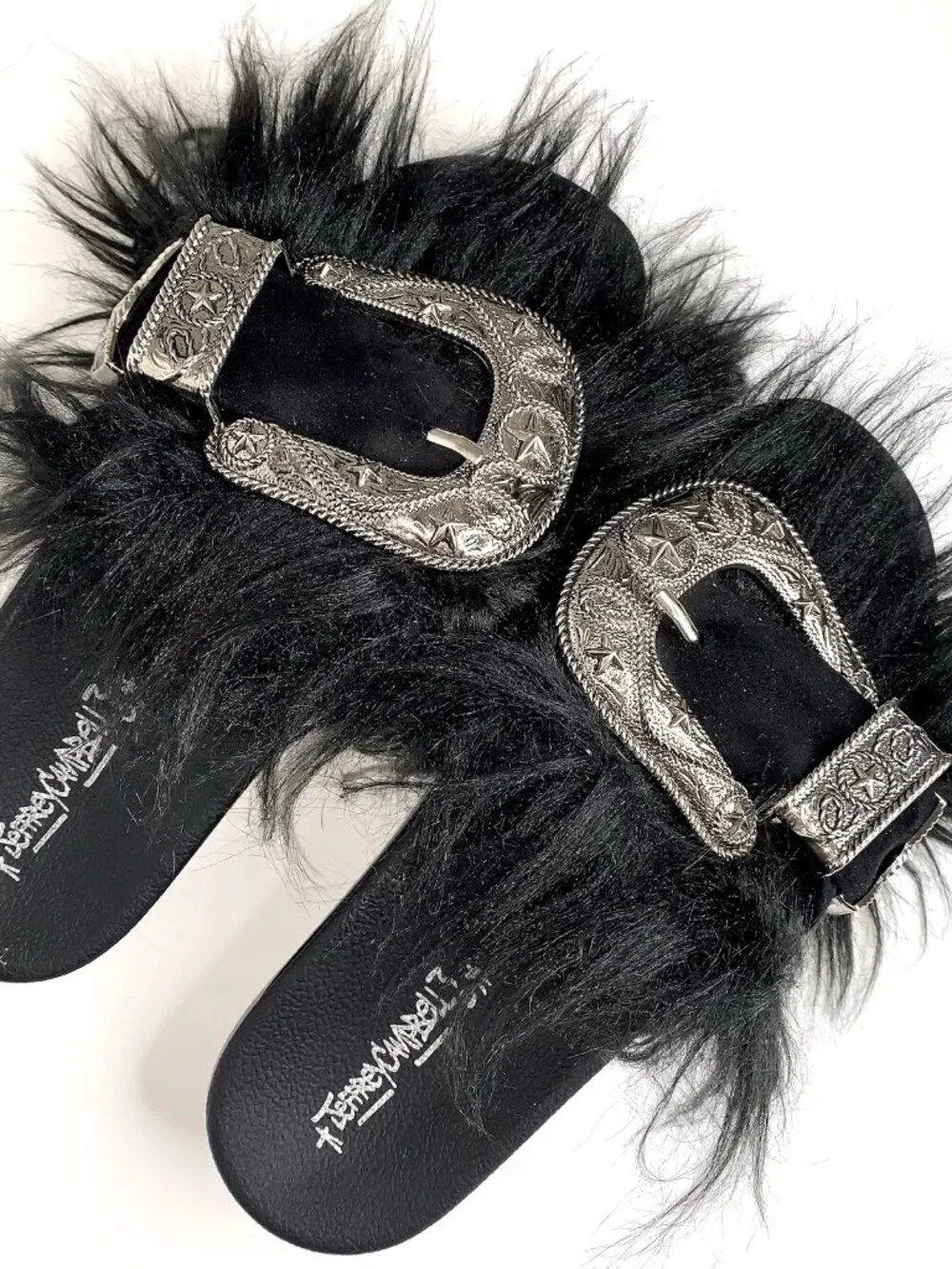 JEFFREY CAMPBELL Black Fur WESTERN BELT BUCKLE Platform SLIDES 9 Whimsygoth Y2K - Picture 5 of 8